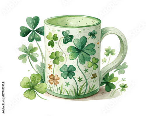 Irish Mug with Clover Watercolor, St. Patrick’s Day Drink Icon vector illustration Isolated on white background