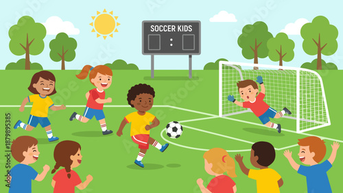 Happy children playing football match. Kids soccer team competition on green field. Boys and girls active sport game. Cartoon vector illustration flat style. School championship fun.