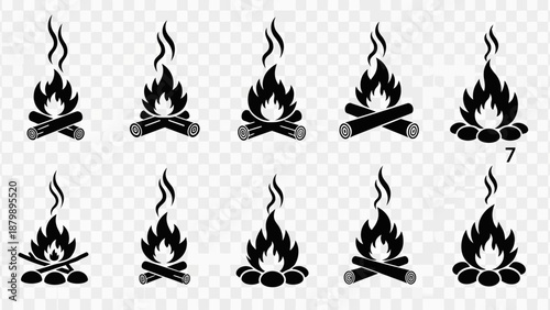 Campfire silhouette collection with smoke and stone border