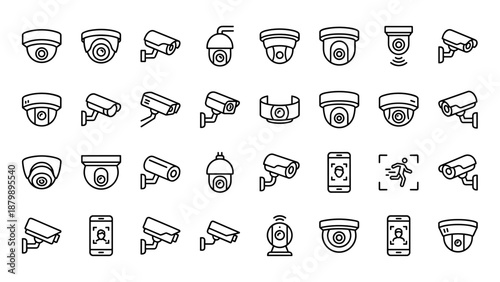 Security camera line icons set. CCTV surveillance vector collection. Safety system technology. Video monitoring equipment. Dome cam symbols. Digital protection. Outline style.