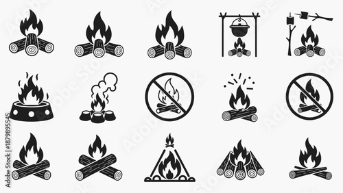 Camping fire warning signs and bonfire equipment icons