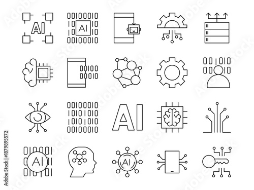 Artificial intelligence set of web icons in line style.  Editable stroke. Vector illustration