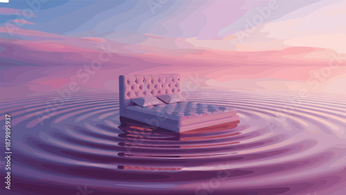 Floating bed on water, surreal dreamscape, pastel sky reflection, tranquil ripples, ethereal environment, serene mood, imaginative concept, peaceful escape, tufted pillows, fantasy scene