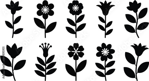 A charming collection of ten distinct black flower silhouettes with leaves and stems on a pure white background