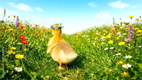 Cute Duckling in a Meadow with Flowers and Blue Sky.