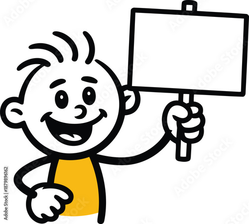 A cheerful stick figure man smiling while proudly holding up a plain rectangular sign