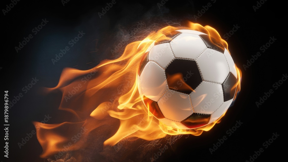 Naklejka premium Flaming soccer ball flying through dark background with intense fire