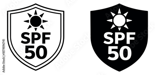 Minimalist protection icon set featuring SPF 50 shields in outline and solid styles for sun protection products and summer safety