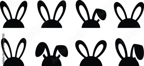 A collection of eight different black silhouette bunny ear icons on a clean white background