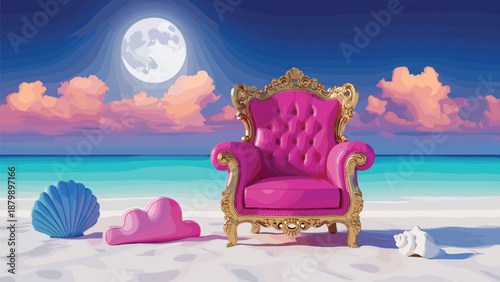 Surreal beach scene with royal pink chair, moonlit ocean, whimsical shells, dreamy clouds, fantasy night setting, vibrant conceptual coastal design