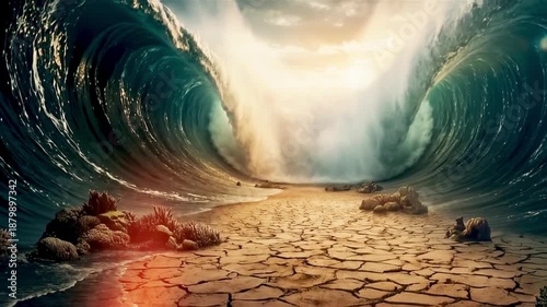 Depiction of a vast ocean miraculously split in two, revealing a dry seabed path beneath golden light. Towering waves rise on both sides, evoking the biblical story of the Exodus and Red Sea