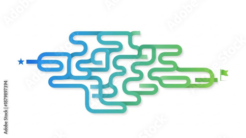 Winding blue and green maze pathway with star targets on white background for problem solving and strategy concepts