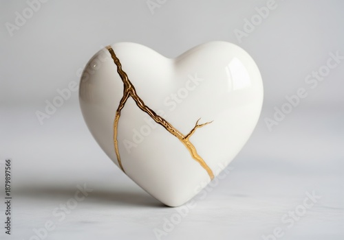 White Ceramic Heart With Gold Kintsugi Crack On Marble