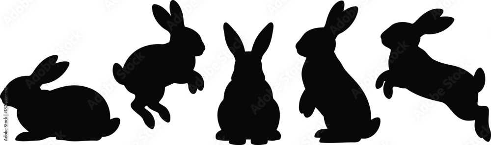 Obraz premium A collection of five distinct black rabbit silhouettes showcasing various dynamic poses on a clean white background