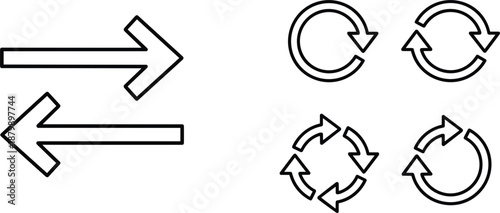 Arrow and refresh icons set representing navigation direction reload update synchronization cycle minimal outline vector illustration