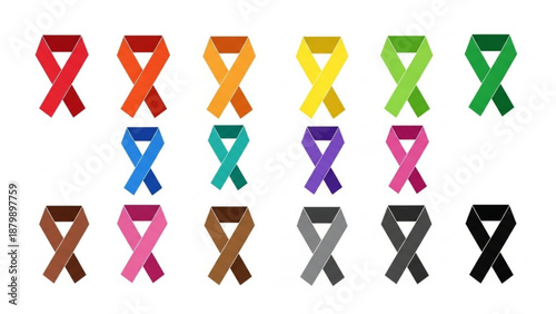 Multicolor awareness ribbons for causes and awareness on white background