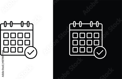 Calendar checkmark icons set representing completed schedule confirmed event planning approval reminder minimal black and white vector illustration