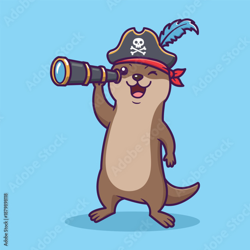 Cute Cartoon Otter Pirate Holding Telescope with Skull Hat and Feather Vector Illustration