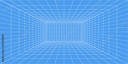 3d wireframe grid room. 3d perspective laser grid 16 9.. Cyberspace blue background with white mesh. Futuristic digital hallway space in virtual reality. Vector illustration.