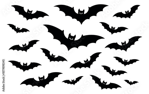 Silhouette bat set featuring various flying bats with glowing eyes for Halloween decoration
