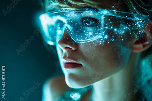 Through the Quantum Lens.  Generated Image.  A futuristic portrait of a woman wearing glowing digital goggles evokes discovery, intelligence, and a world shaped by advanced technology. 