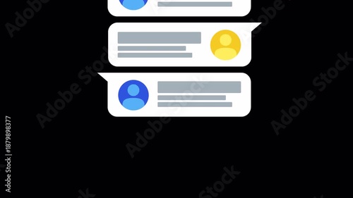 Chat conversation UI message bubbles animation showing people sending messages in modern mobile interface with transparent background, alpha channel, 4K resolution