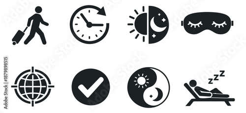 Flat icon set featuring travel, time, day and night, and sleep symbols for lifestyle and interface designs