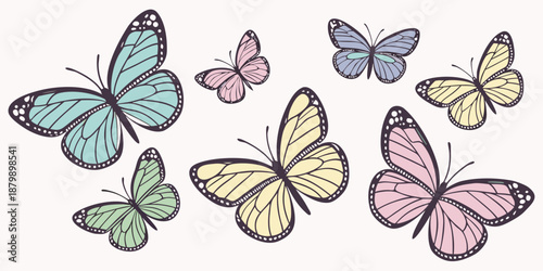 A beautiful collection of colorful vector butterflies featuring artistic wing designs and nature-inspired silhouettes for spring summer decoration and seamless pattern illustration