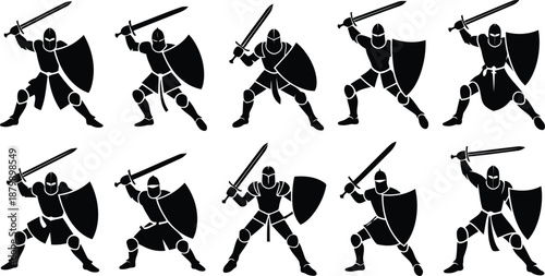 A collection of strong medieval knights in various fighting stances holding swords and shields