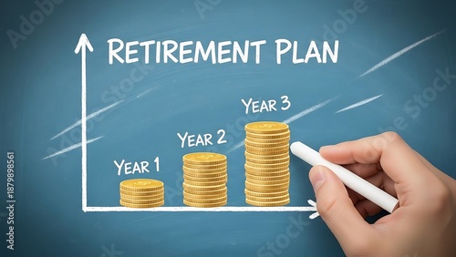 Hand drawing a three year retirement plan chart showing steadily increasing stacks of gold coins representing consistent financial savings growth on a chalkboard.