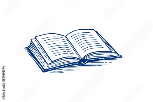 Detailed blue line art drawing of an open book with visible pages
