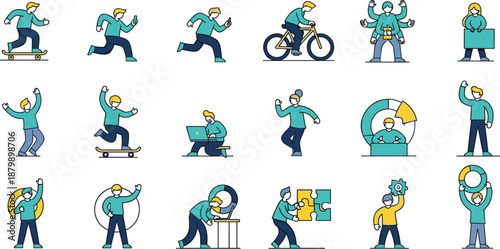 business productivity people set, multitasking and time management illustrations, office workload concept, busy characters working with charts and tasks, modern flat vector