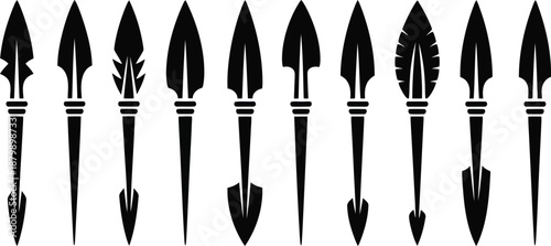 A collection of ten diverse ancient spearheads and arrowheads in bold black on a stark white background