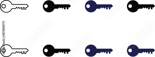 Key icons set in outline and solid styles representing access security password unlock authorization minimal vector illustration