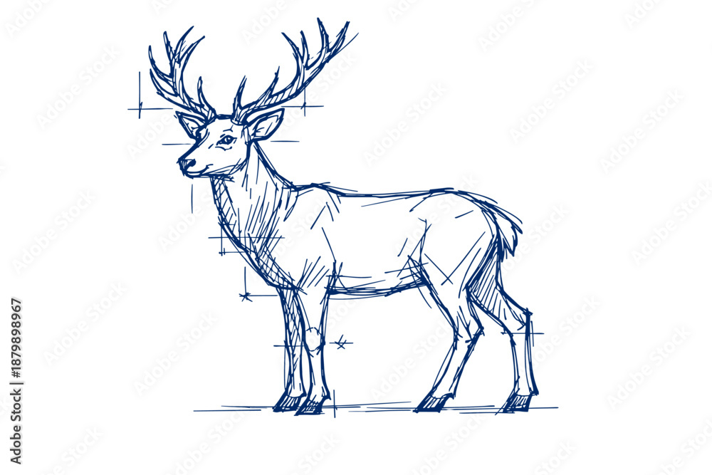 Fototapeta premium Artistic sketch of majestic deer with antlers on white background