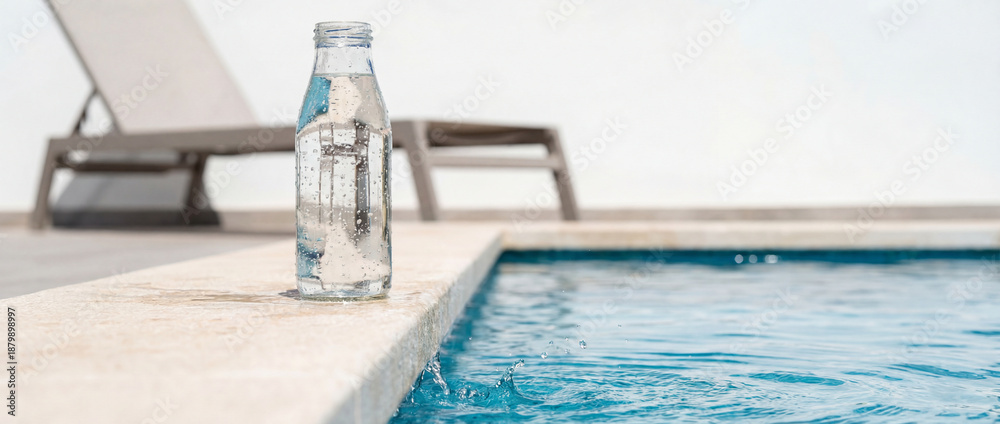 Obraz premium A pristine glass water bottle sits poolside in this tranquil setting, embodying refreshment and serenity. Inviting one to take a moment to refresh and revitalize.