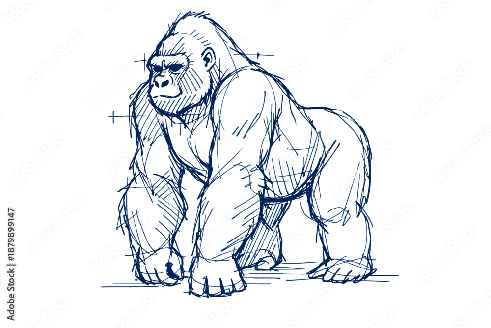 Obraz premium Detailed hand-drawn sketch of a powerful gorilla in motion