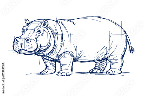 Detailed hand-drawn hippopotamus sketch with cross-hatching technique