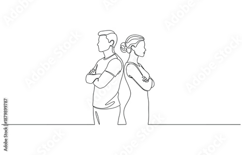 Continuous one line drawing of two people are standing with their arms crossed, looking away from each other