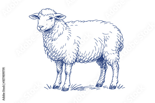 Detailed illustration of a standing sheep in blue ink style