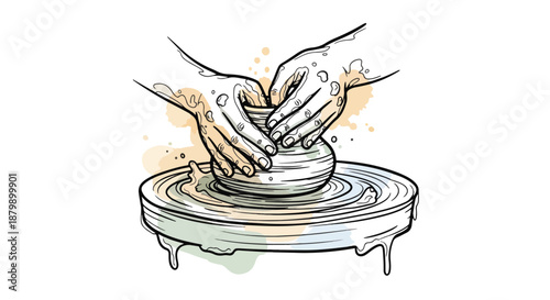 Artisan hands skillfully molding wet clay on a spinning potter's wheel, a detailed line art illustration with subtle watercolor accents, showcasing the ancient craft of pottery making.