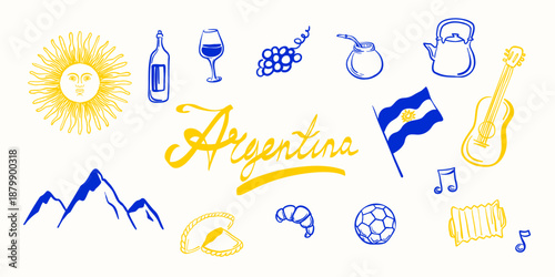 Hand drawn Argentina culture set with national symbols including flag, sun of May, mountains, wine, football and traditional elements. Cute travel doodle vector illustration.