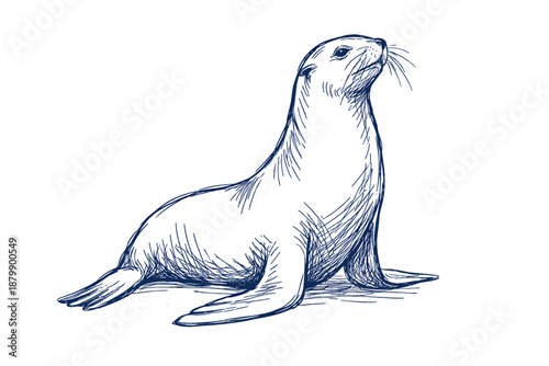 Detailed sketch of a sitting seal in blue ink