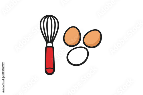 Whisk and eggs illustration on white background