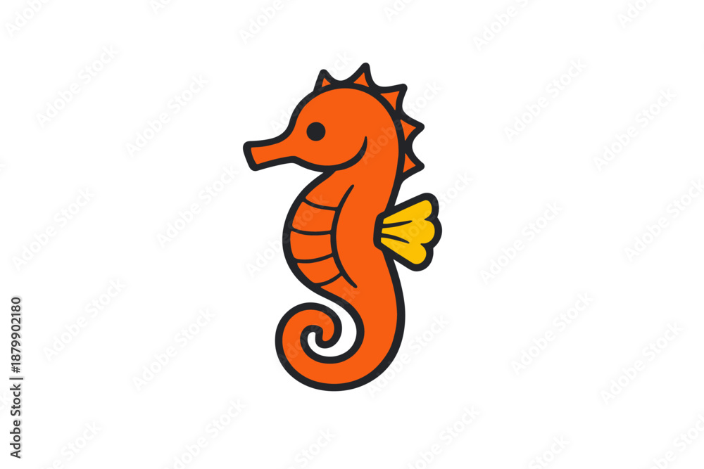 Fototapeta premium Cartoon orange seahorse with yellow fin on white background