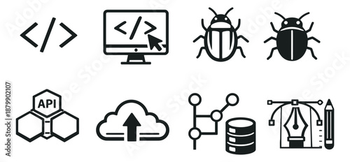 Glyph style software development icon set featuring code, monitor, bug, API, cloud, database, and pen tool for engineering projects