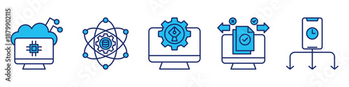 advanced computing icon set collection, for data system concept with icons cloud computing, data science, software design, decision making, time management. simple vector blue style illustration