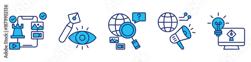 creative strategy icon set collection, for marketing design concept with icons content strategy, visual design, browsing, digital marketing, digital tools. simple vector blue style illustration