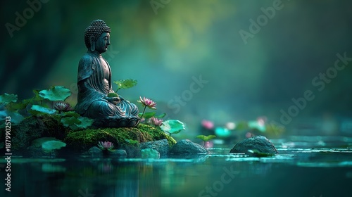 Serene Buddha Statue Amidst Lotus Flowers and Calm Water