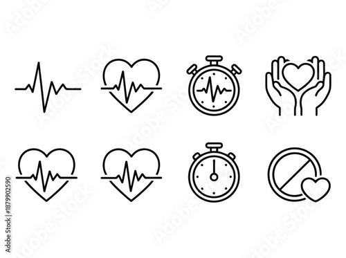 Health and cardiology line icons collection depicting heartbeat electrocardiogram monitor pulse heart rate and timing for medical concepts